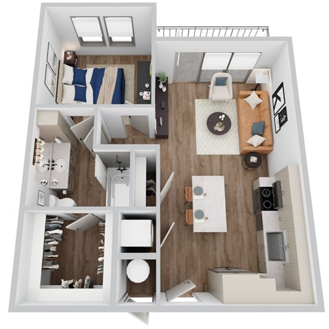 Floor plan for 1 bed, 1 bath, 672 sqft
